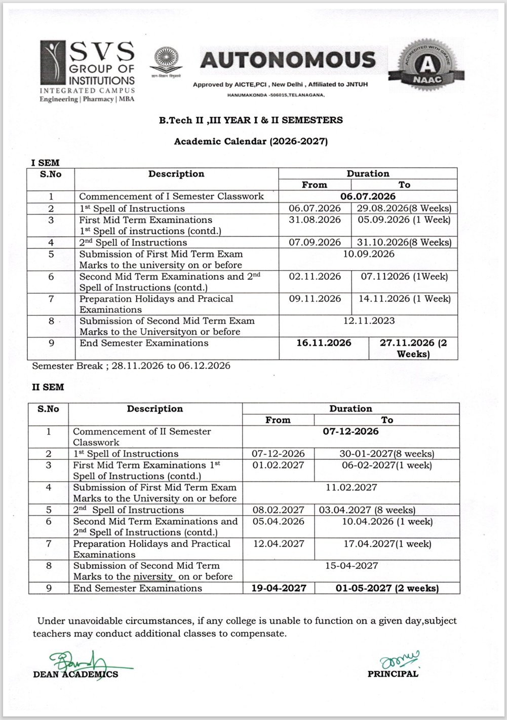 B.Tech II & III Academic Calendar 2026-2027